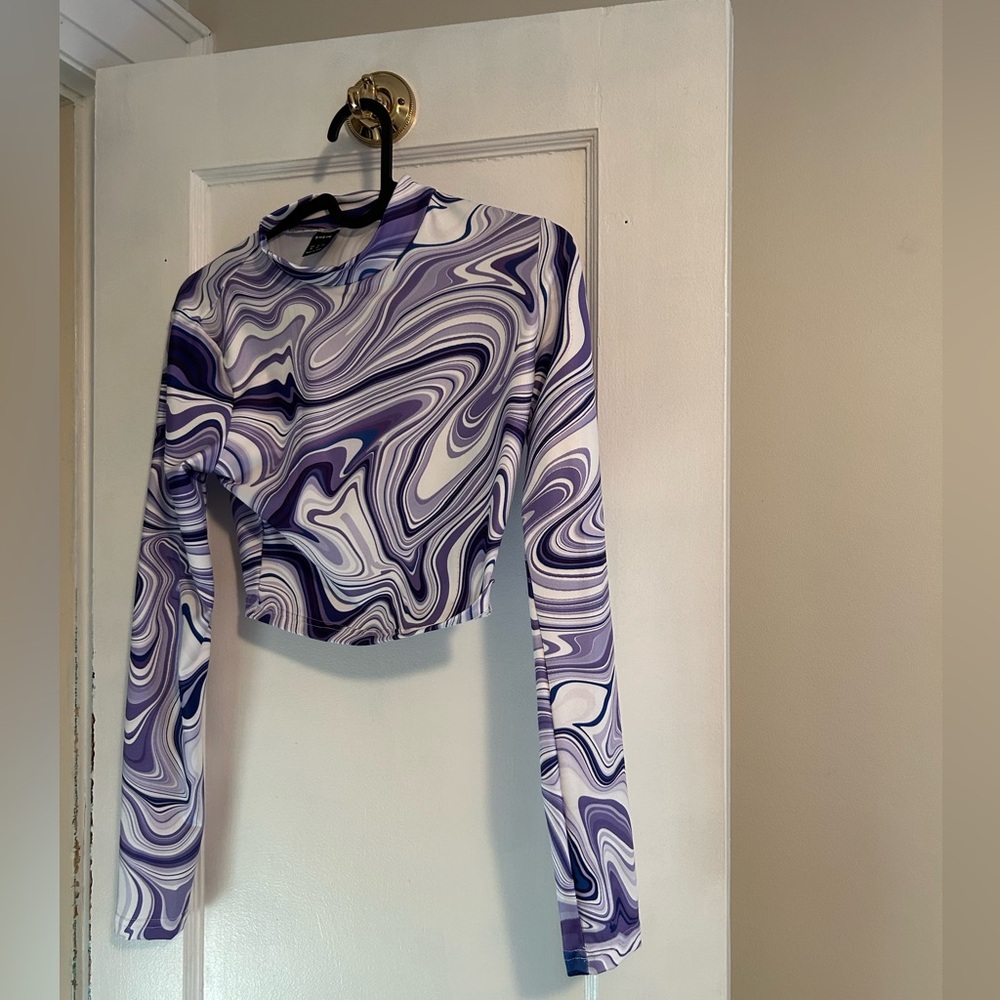 Marble Print Long Sleeve Mock Neck Purple Crop Top from SHEIN